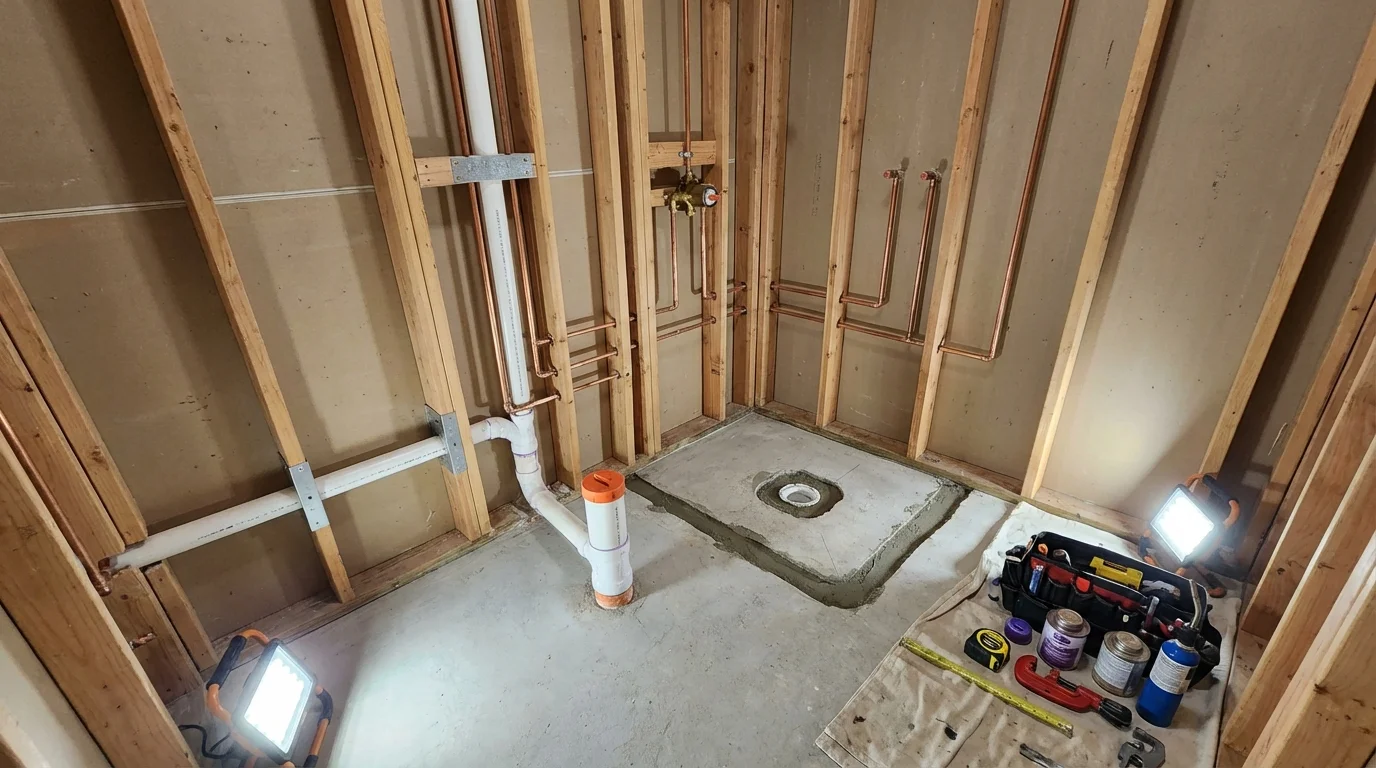 Bathroom rough-in plumbing during remodel by Johns Plumbing LLC in Sherwood
