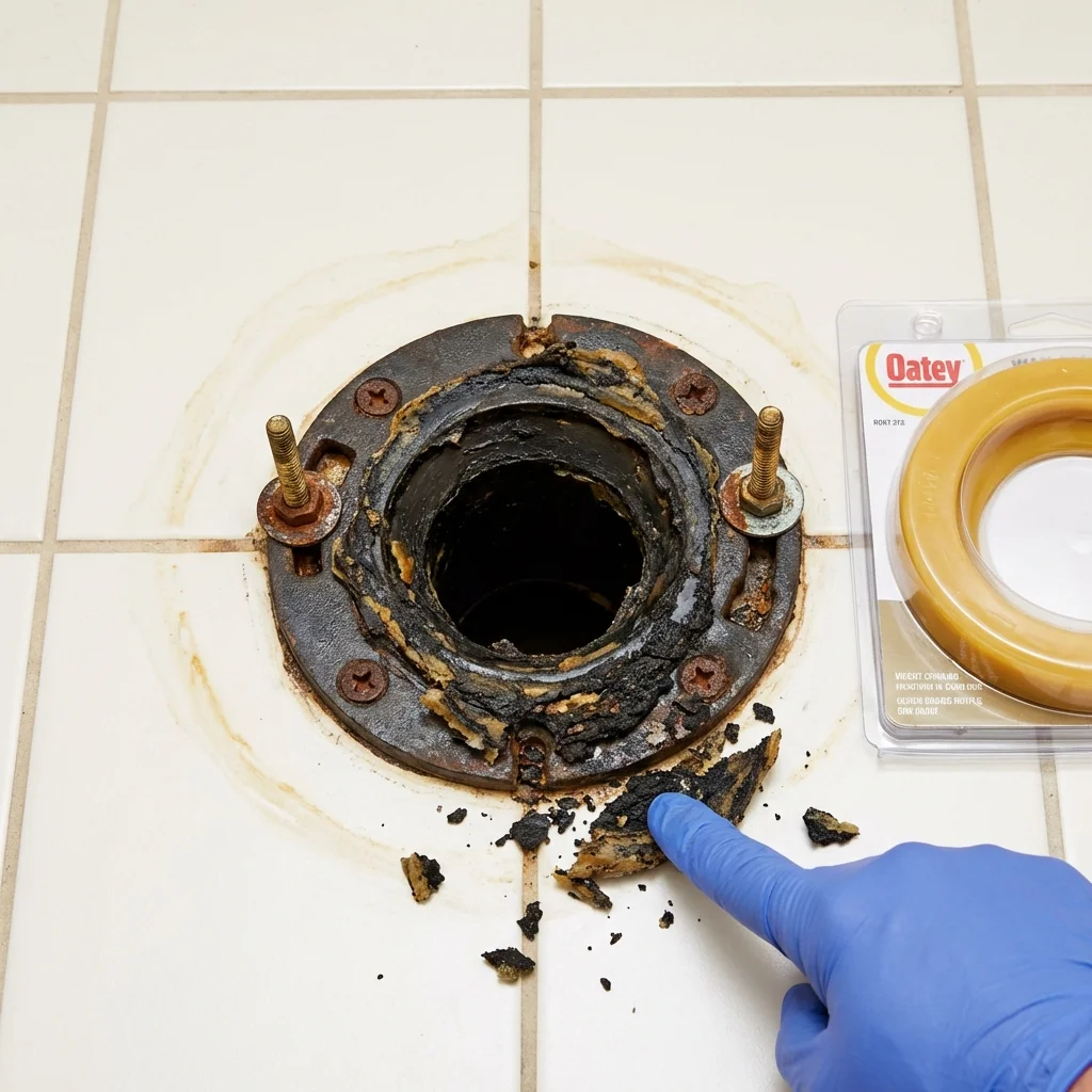 Failed wax ring showing water seepage at the base of a toilet in a Sherwood, OH home