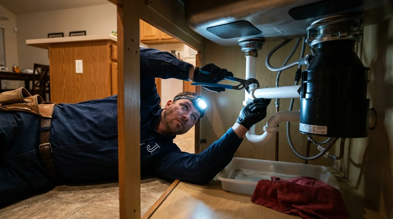 P-trap and supply line connections under a kitchen sink showing a common leak point in Sherwood, OH